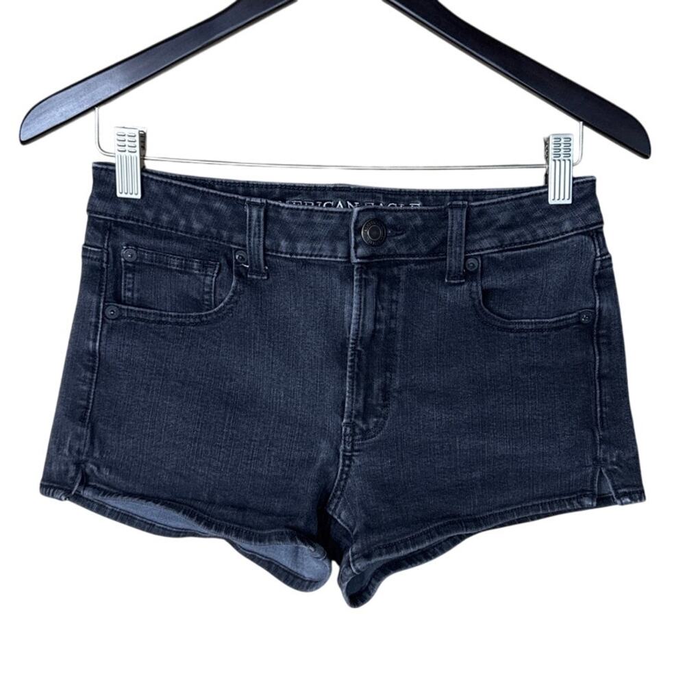 American Eagle Hi-Rise Shortie Jean Shorts Washed Black Denim SZ 4